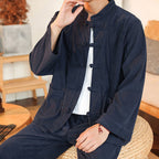 Buddha Stones 2pcs Plain Men's Frog-button Long Sleeve Shirt Pants Cotton Corduroy Set With Pockets