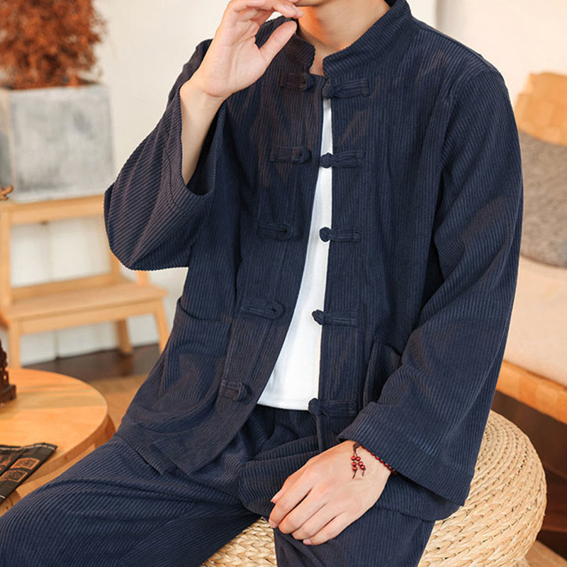 Buddha Stones 2pcs Plain Men's Frog-button Long Sleeve Shirt Pants Cotton Corduroy Set With Pockets