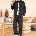 Buddha Stones 2pcs Plain Men's Frog-button Long Sleeve Shirt Pants Cotton Corduroy Set With Pockets