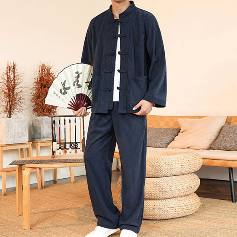 Buddha Stones 2pcs Plain Men's Frog-button Long Sleeve Shirt Pants Cotton Corduroy Set With Pockets