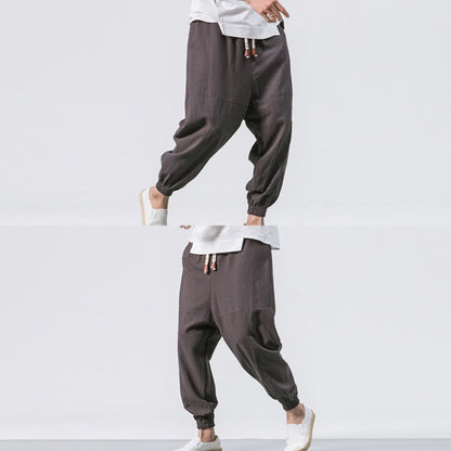 Buddha Stones Men's Plain Simple Drawstring Design Cotton Harem Pants With Pockets