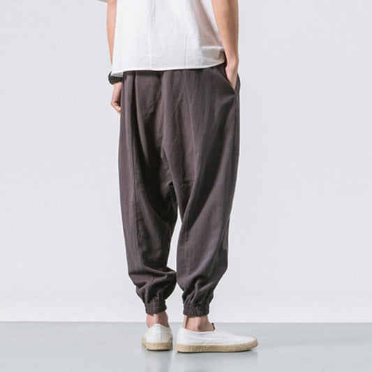 Buddha Stones Men's Plain Simple Drawstring Design Cotton Harem Pants With Pockets