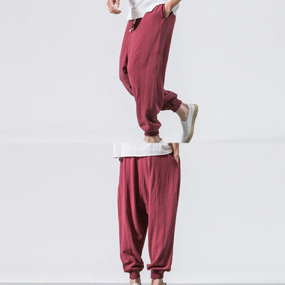 Buddha Stones Men's Plain Simple Drawstring Design Cotton Harem Pants With Pockets