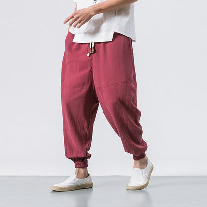 Buddha Stones Men's Plain Simple Drawstring Design Cotton Harem Pants With Pockets