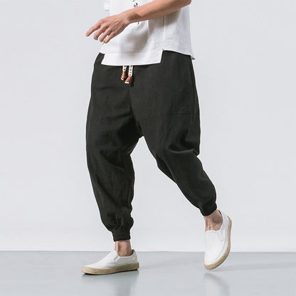 Buddha Stones Men's Plain Simple Drawstring Design Cotton Harem Pants With Pockets