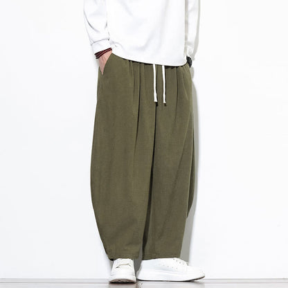 Buddha Stones Men's Plain Pure Cotton Corduroy Ankle-Length Harem Pants With Pockets