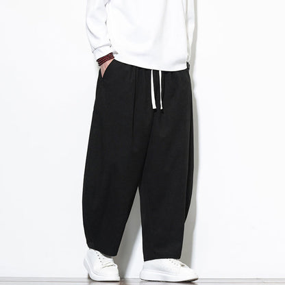 Buddha Stones Men's Plain Pure Cotton Corduroy Ankle-Length Harem Pants With Pockets