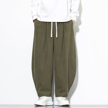 Buddha Stones Men's Plain Pure Cotton Corduroy Ankle-Length Harem Pants With Pockets