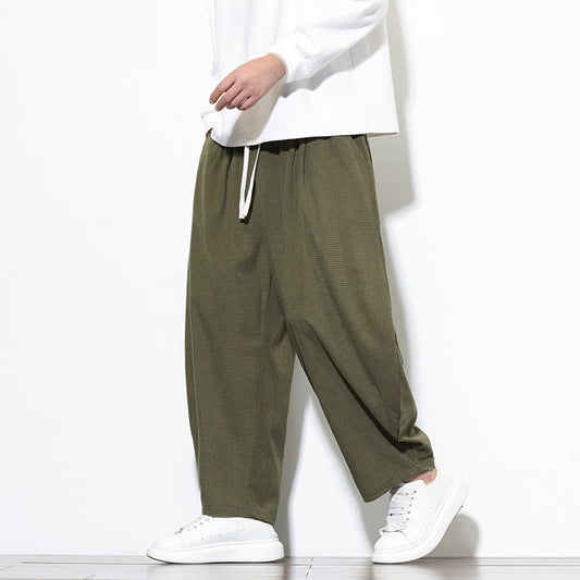 Buddha Stones Men's Plain Pure Cotton Corduroy Ankle-Length Harem Pants With Pockets