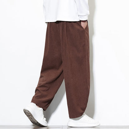 Buddha Stones Men's Plain Pure Cotton Corduroy Ankle-Length Harem Pants With Pockets