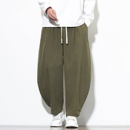 Buddha Stones Men's Plain Pure Cotton Corduroy Ankle-Length Harem Pants With Pockets
