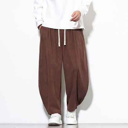 Buddha Stones Men's Plain Pure Cotton Corduroy Ankle-Length Harem Pants With Pockets