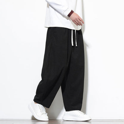 Buddha Stones Men's Plain Pure Cotton Corduroy Ankle-Length Harem Pants With Pockets