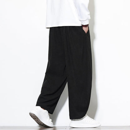 Buddha Stones Men's Plain Pure Cotton Corduroy Ankle-Length Harem Pants With Pockets