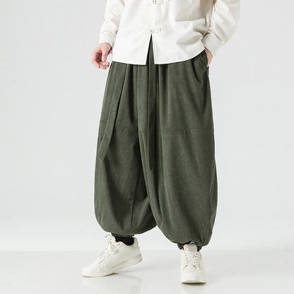 Buddha Stones Winter Solid Color Men's Harem Pure Cotton Corduroy Pants With Pockets