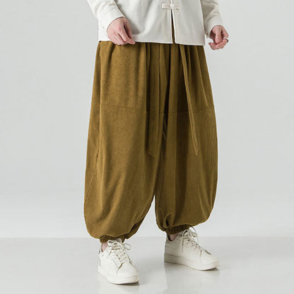 Buddha Stones Winter Solid Color Men's Harem Pure Cotton Corduroy Pants With Pockets