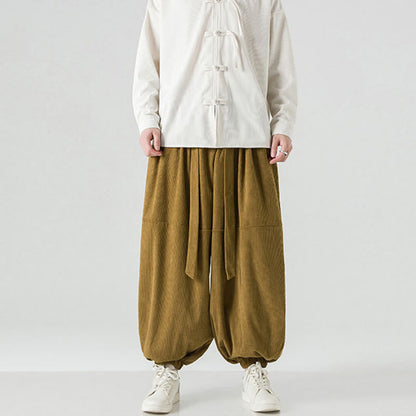 Buddha Stones Winter Solid Color Men's Harem Pure Cotton Corduroy Pants With Pockets