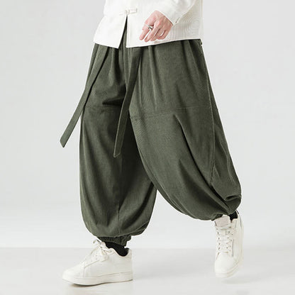Buddha Stones Winter Solid Color Men's Harem Pure Cotton Corduroy Pants With Pockets