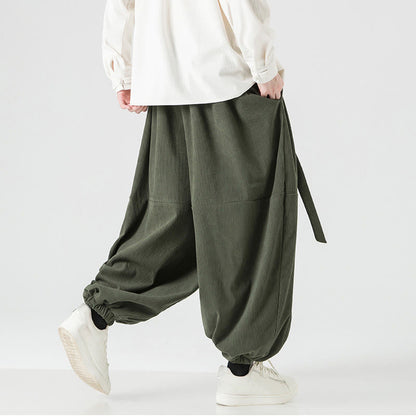 Buddha Stones Winter Solid Color Men's Harem Pure Cotton Corduroy Pants With Pockets