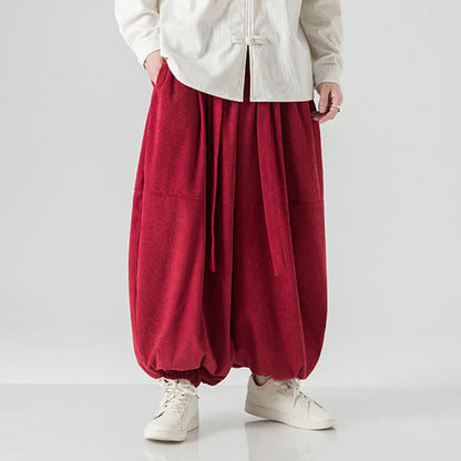 Buddha Stones Winter Solid Color Men's Harem Pure Cotton Corduroy Pants With Pockets