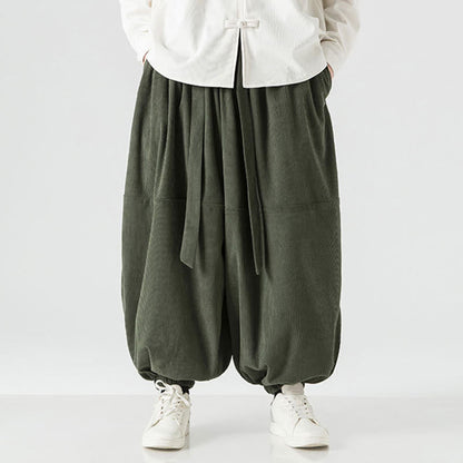 Buddha Stones Winter Solid Color Men's Harem Pure Cotton Corduroy Pants With Pockets