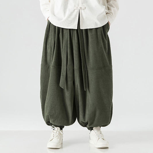 Buddha Stones Winter Solid Color Men's Harem Pure Cotton Corduroy Pants With Pockets
