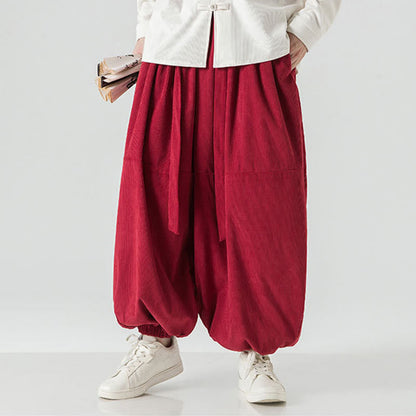 Buddha Stones Winter Solid Color Men's Harem Pure Cotton Corduroy Pants With Pockets