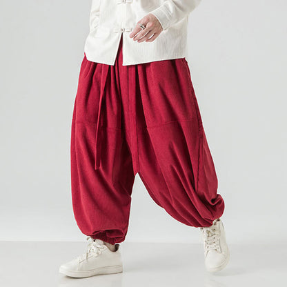 Buddha Stones Winter Solid Color Men's Harem Pure Cotton Corduroy Pants With Pockets