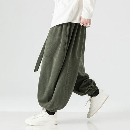 Buddha Stones Winter Solid Color Men's Harem Pure Cotton Corduroy Pants With Pockets