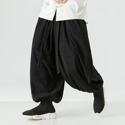 Buddha Stones Winter Solid Color Men's Harem Pure Cotton Corduroy Pants With Pockets
