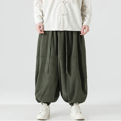 Buddha Stones Winter Solid Color Men's Harem Pure Cotton Corduroy Pants With Pockets