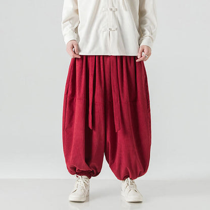 Buddha Stones Winter Solid Color Men's Harem Pure Cotton Corduroy Pants With Pockets