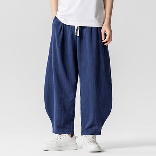 Buddha Stones Summer Pure Color Drawstring Men's Cotton Ankle-Length Pants With Pockets
