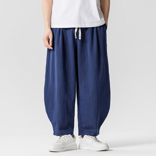 Buddha Stones Summer Pure Color Drawstring Men's Cotton Ankle-Length Pants With Pockets