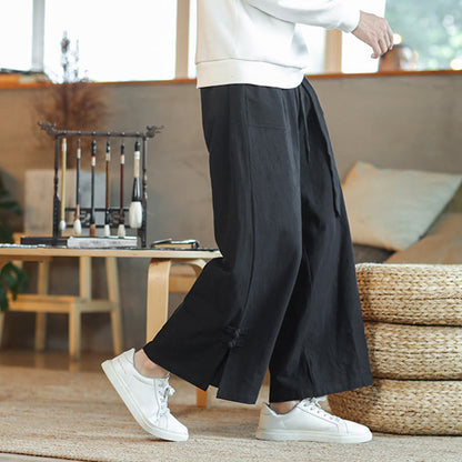 Buddha Stones Fall Drawstring Chinese Frog-Button Men's Wide Leg Cotton Pants With Pockets