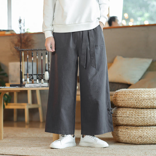 Buddha Stones Fall Drawstring Chinese Frog-Button Men's Wide Leg Cotton Pants With Pockets