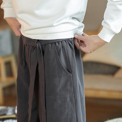 Buddha Stones Fall Drawstring Chinese Frog-Button Men's Wide Leg Cotton Pants With Pockets