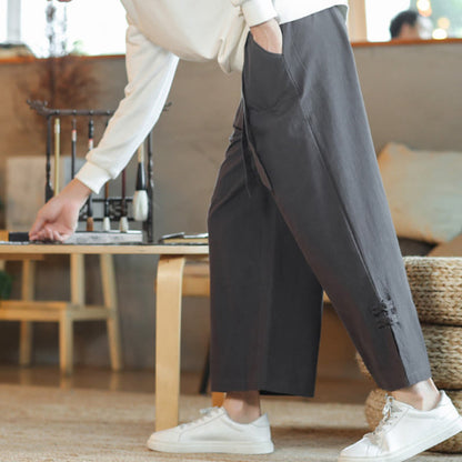Buddha Stones Fall Drawstring Chinese Frog-Button Men's Wide Leg Cotton Pants With Pockets
