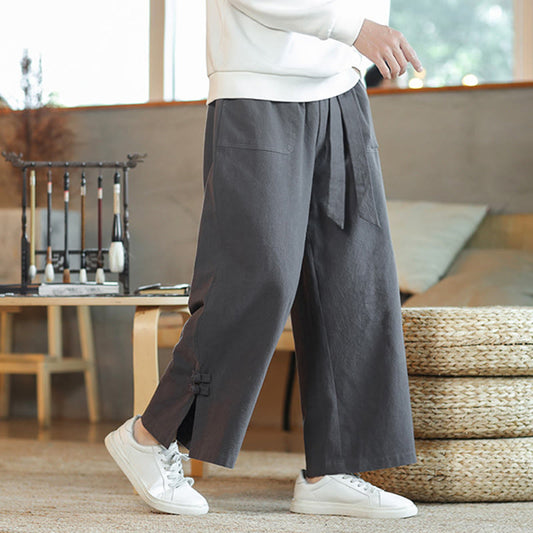 Buddha Stones Fall Drawstring Chinese Frog-Button Men's Wide Leg Cotton Pants With Pockets