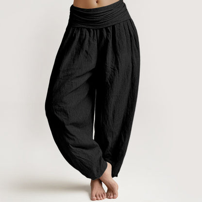 Buddha Stones Pure Cotton Plain Black Women's Elastic Waist Harem Pants