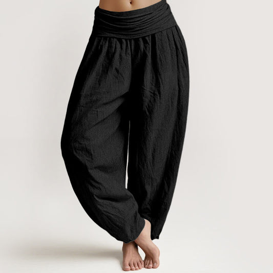 Buddha Stones Pure Cotton Plain Black Women's Elastic Waist Harem Pants