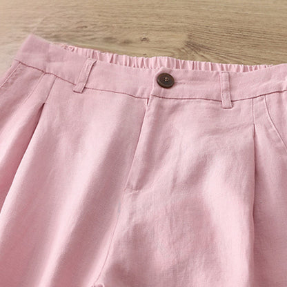 Buddha Stones Solid Color Cotton Women's Button Wide Leg Pants With Pockets