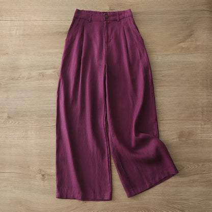 Buddha Stones Solid Color Cotton Women's Button Wide Leg Pants With Pockets