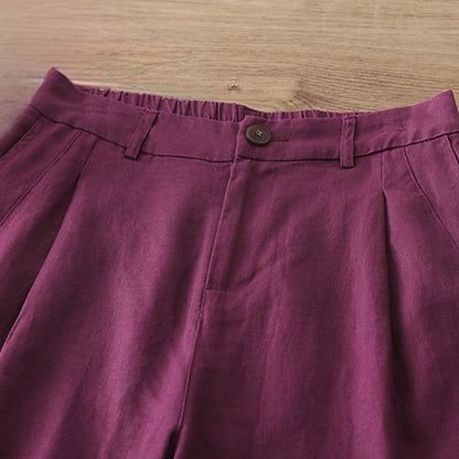 Buddha Stones Solid Color Cotton Women's Button Wide Leg Pants With Pockets