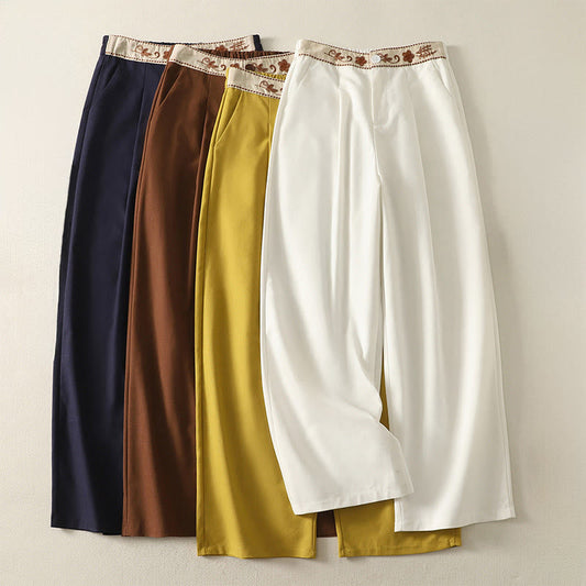 Buddha Stones Embroidery Pattern Polyester Women's Wide Leg Pants With Pockets