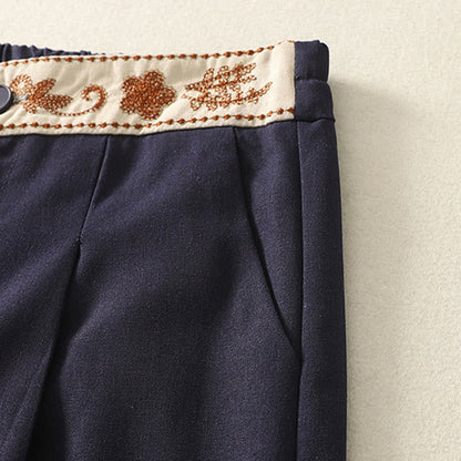 Buddha Stones Embroidery Pattern Polyester Women's Wide Leg Pants With Pockets