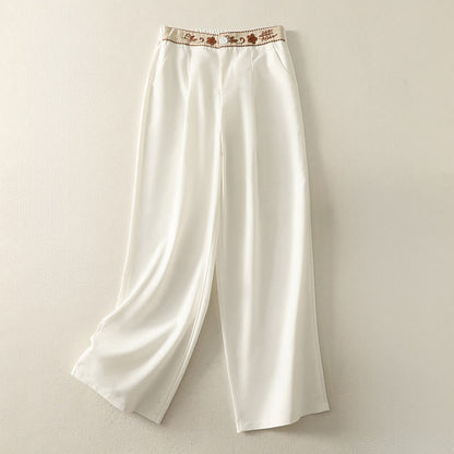 Buddha Stones Embroidery Pattern Polyester Women's Wide Leg Pants With Pockets
