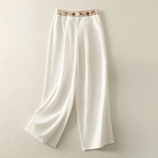 Buddha Stones Embroidery Pattern Polyester Women's Wide Leg Pants With Pockets