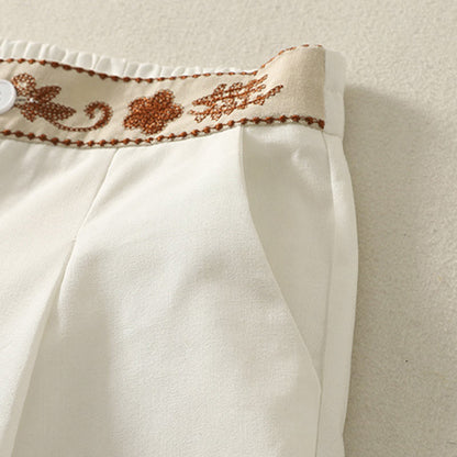 Buddha Stones Embroidery Pattern Polyester Women's Wide Leg Pants With Pockets