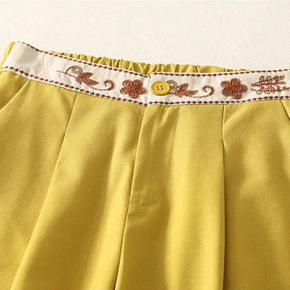 Buddha Stones Embroidery Pattern Polyester Women's Wide Leg Pants With Pockets